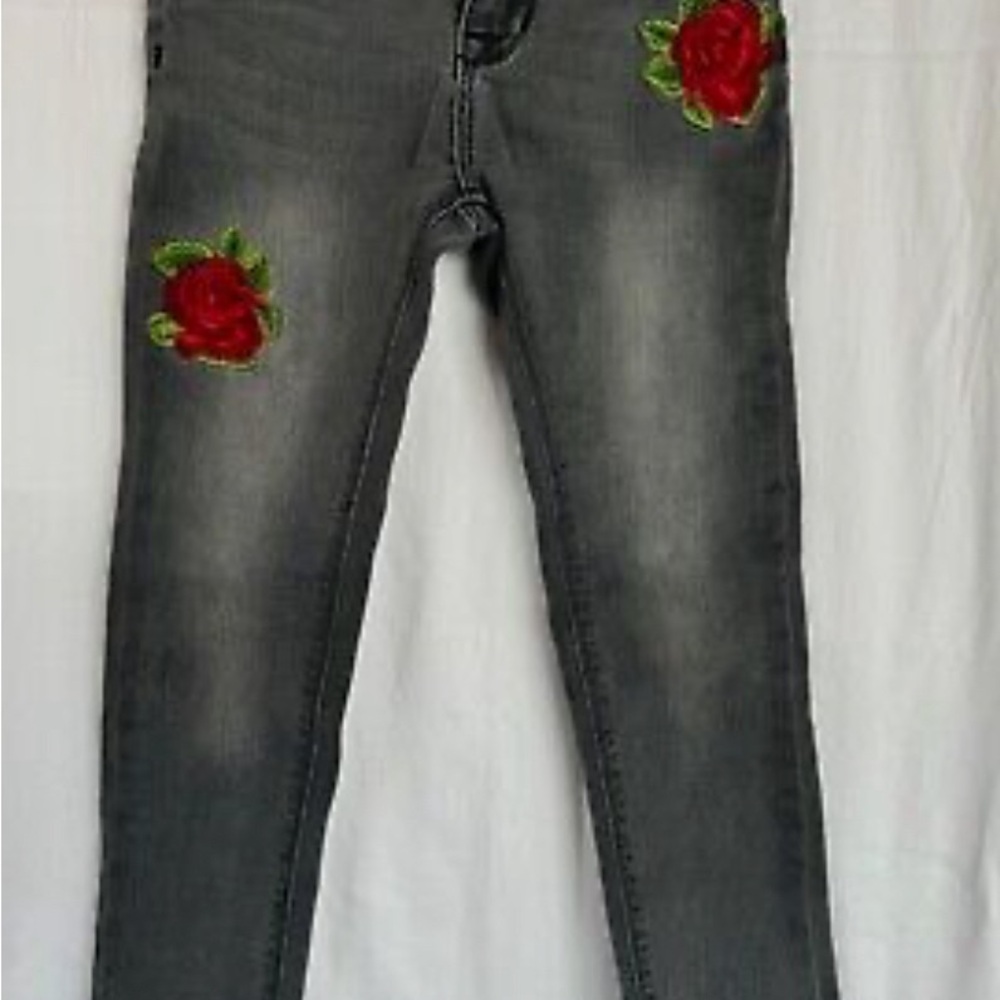 Kids Hudson Embroidered Gray Jeans with Red Rose Accents